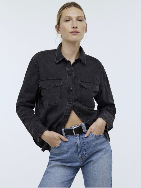 Madewell Tops - Medium Dark Gray Denim Shirt Button Up Cuff Collared Western Cowgirl Distressed